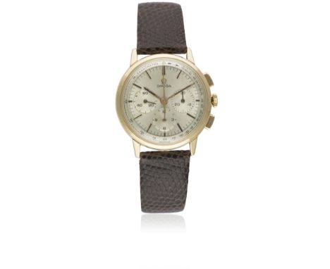 A RARE GENTLEMAN'S 18K SOLID PINK GOLD OMEGA CHRONOGRAPH WRIST WATCH CIRCA 1963, REF. 101.010-63Movement: 17J, manual wind, c