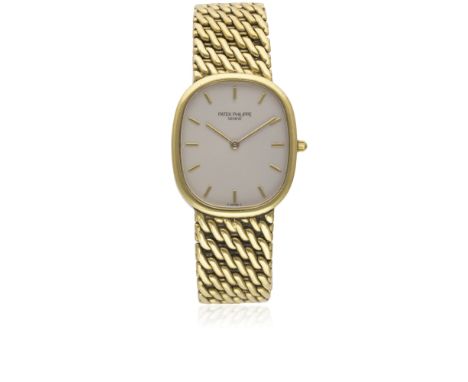 A FINE GENTLEMAN'S 18K SOLID GOLD PATEK PHILIPPE ELLIPSE AUTOMATIC BRACELET WATCHCIRCA 1990s, REF. 3738/117 WITH PATEK PHILIP