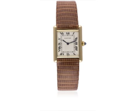 A GENTLEMAN'S 18K SOLID GOLD CARTIER TANK LOUIS MECANIQUE WRIST WATCHCIRCA 1990s, REF. 960655 WITH GUILLOCHE DIALMovement: Ma