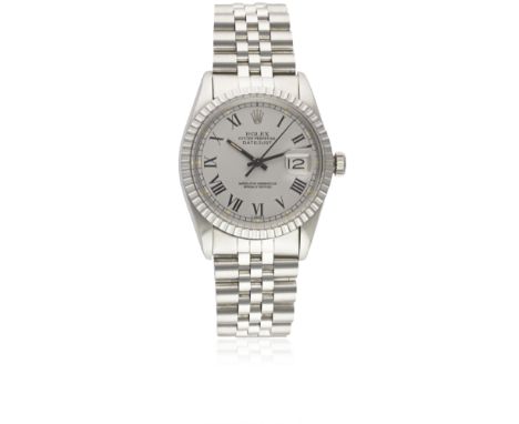 A GENTLEMAN'S STAINLESS STEEL ROLEX OYSTER PERPETUAL DATEJUST BRACELET WATCHCIRCA 1980, REF. 16030 WITH GREY "BUCKLEY" DIAL, 