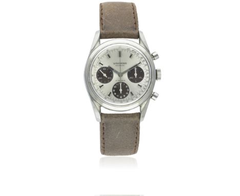 A RARE GENTLEMAN'S STAINLESS STEEL WAKMANN CHRONOGRAPH WRIST WATCH CIRCA 1960s, WITH "TROPICAL" REGISTERSMovement: 17J, manua