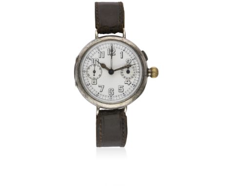 A RARE GENTLEMAN'S SOLID SILVER WW1 SINGLE BUTTON CHRONOGRAPH PILOTS WRIST WATCH CIRCA 1918, WITH WHITE ENAMEL DIALMovement: 