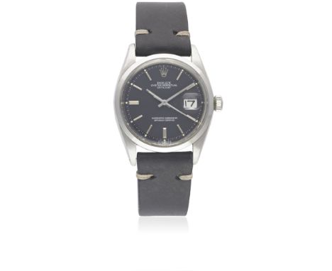 A GENTLEMAN'S STAINLESS STEEL ROLEX OYSTER PERPETUAL DATEJUST WRIST WATCHCIRCA 1971, REF. 1600 WITH MATT BLACK "SIGMA" DIALMo