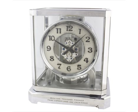 A VERY RARE CHROME PLATED JAEGER LECOULTRE BREVETS REUTTER ATMOS CLOCK CIRCA 1940, 7681 SERIAL NUMBER TO TOP BRIDGE, THE CLOC