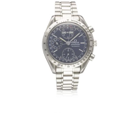 A GENTLEMAN'S STAINLESS STEEL OMEGA SPEEDMASTER TRIPLE CALENDAR AUTOMATIC CHRONOGRAPH BRACELET WATCH CIRCA 1995, WITH BOX & P