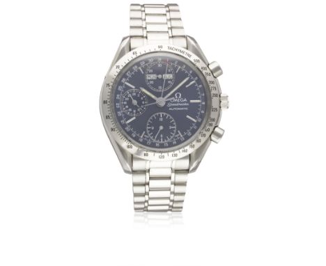 A GENTLEMAN'S STAINLESS STEEL OMEGA SPEEDMASTER TRIPLE CALENDAR AUTOMATIC CHRONOGRAPH BRACELET WATCH CIRCA 1995, WITH BOX & P