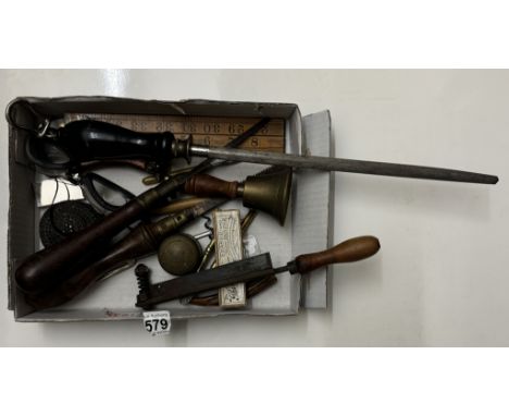 A box of vintage tools etc.