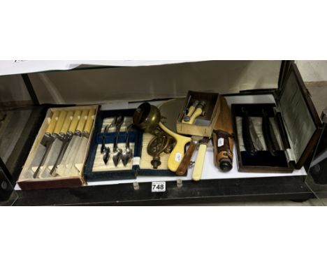 A mixed lot including cut throat razors, vintage blades, cutlery sets, metalware etc