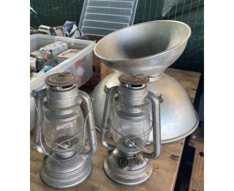 2 Gas camper lights and steel lamp shades