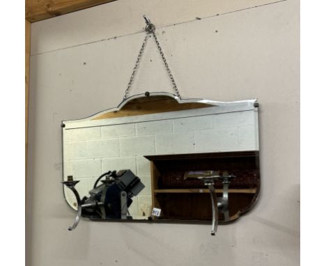 An art deco bevel edged mirror with chrome wall lights, 76 x 46 cm, COLLECT ONLY.