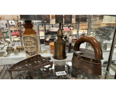 An early clothes iron with cast iron stand, A brass lamp &amp; A stoneware ginger beer bottle (G.Boulton Alford)