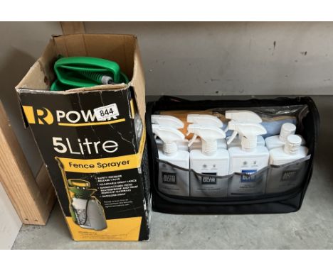 A 5 litre hand pressurised fence sprayer by R Power &amp; A carry case of various car Autoglym life shine spray products