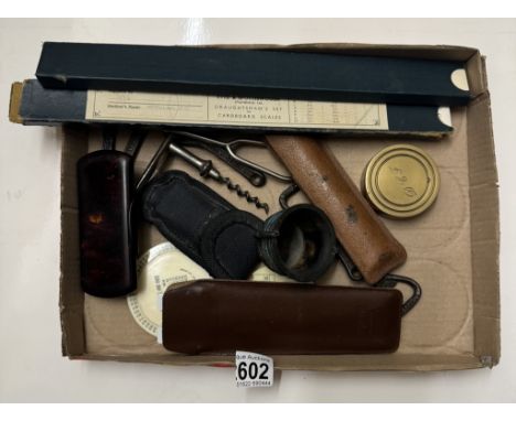 2 boxed Eyre &amp; Spottiswoode draughtsman's sets, cardboard scales &amp; vintage bottle openers etc.