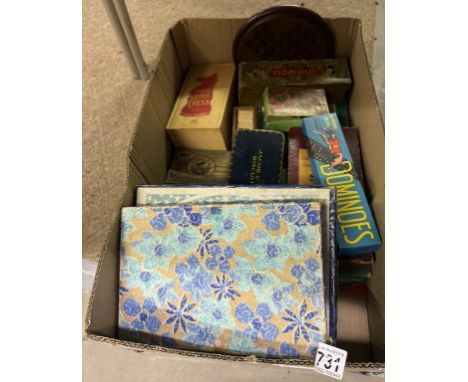 A box of vintage games including Dominoes, Stainton chess set etc