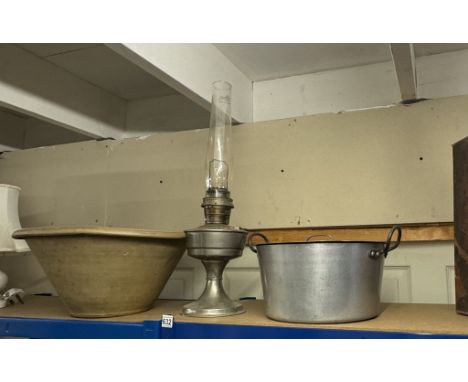 A stoneware work bowl, Aladdin oil lamp &amp; An aluminium jam pan with lid etc