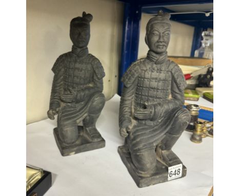 2 black pottery figurines of Terracotta Army soldiers Height 28cm