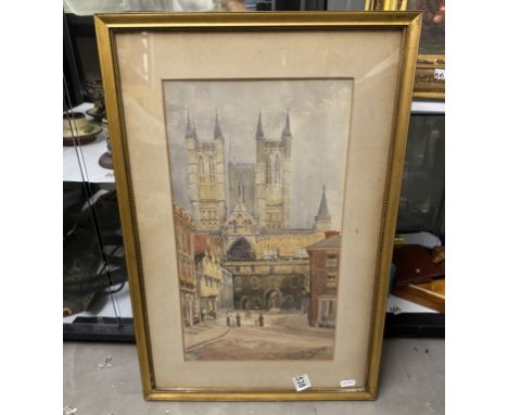A vintage gilt framed watercolour of Lincoln Cathedral, signed Layton