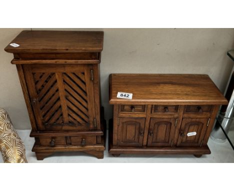 A teak scale model of a dresser base &amp; A linen press cupboard 30 x 14 x 22cm &amp; 21 x 13 x 35cm