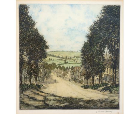 L Russell Conway (b.1882), Burford High Street, etching in colours, pencil signed by the artist in the margin, 18 x 17.5cm (f