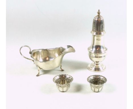 Silver baluster sugar caster, by Garrard &amp; Co., Birmingham, 1973, H.17cm; sauceboat, by A J Zimmerman, Birmingham, 1927, 
