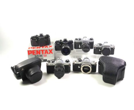 6 Pentax SLR cameras, MG, K2 (2), K1000, ME Super, and Spotmatic F, with 3 lenses. (9)