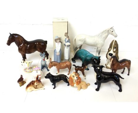 Large Beswick model of a dappled grey horse, 30 x 34cm; 2 smaller horses, donkey, and wren; other shire horse model, Wade "La