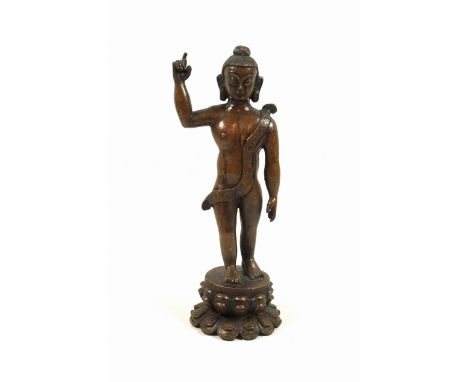 19th Century Chinese bronze figure of the Infant Buddha, with his right hand pointing to the sky and his left to the ground, 