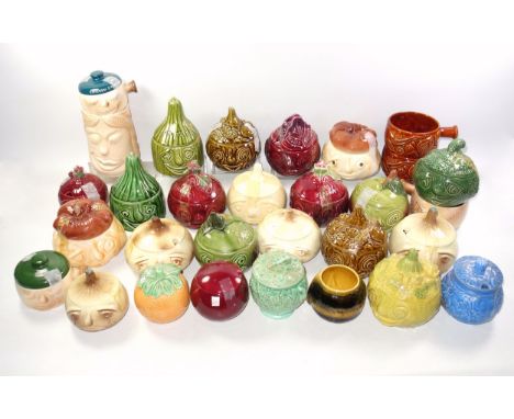 Collection of 30 Sylvac pots, including Mop &amp; Brush, Cricket Ball, Orange, Apple Sauce, Beetroot, Cucumber, Beetroot, Oni
