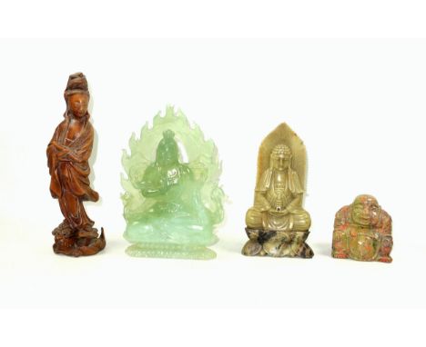 Chinese carved pale green stone figure of Guanyin, seated in Vajrasana on a double lotus throne with a flaming arch behind he