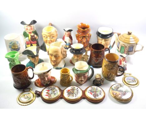 Sylvac "Old Toby" jug, H.20cm; 11 other toby and character jugs, cottage shaped teapot, 4 mugs, 3 pot lids in a leather mount