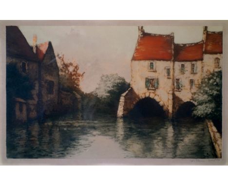 Willem Leer, View of canal houses in Bruges, lithograph, signed lower right and marked as Artists Proof; another lithographic