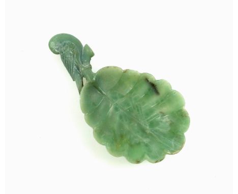 Carved jade caddy spoon with a leaf bowl and parrot handle, L.10.4cm, with ephemera and photos. (a lot)Condition: Tiny defect