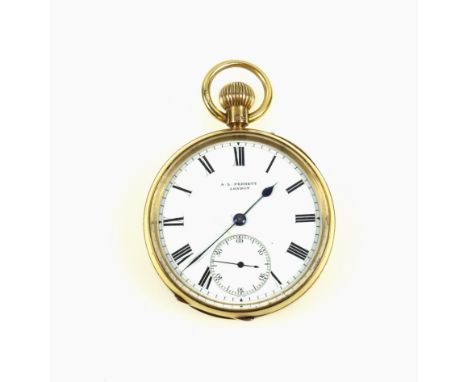 Edwardian 18ct gold open face pocket watch with a circular white enamelled dial inscribed "A. L. Perrett London", black Roman