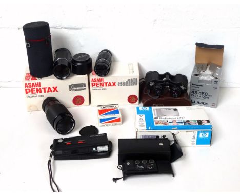 Panasonic 45-150mm MFT lens, 2 Pentax M42 Screw lenses, all boxed; Canon zoom lens, Zeiss Jenoptem 8 x 30 binoculars, and oth