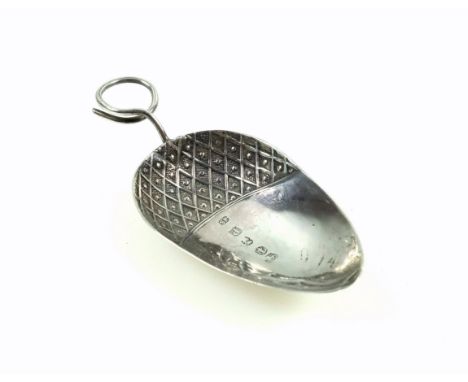 George III silver caddy spoon, the acorn bowl with engraved monogram, and loop handle, by Samuel Pemberton, Birmingham, 1801,