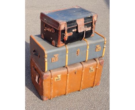 "Featherweight" travelling trunk with leather corners and wooden bindings, 46 x 91 x 54cm approx., and 2 other trunks. (3)