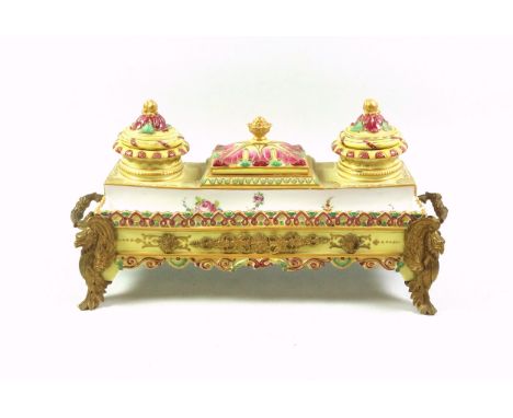 Late 19th Century French Neoclassical porcelain inkstand with printed floral decoration, and scrolls on a yellow ground, with