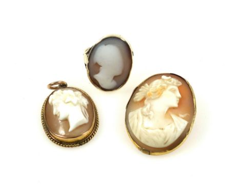 Yellow metal cameo pendant stamped 9ct, length 2.4cm, 4 grams, a yellow metal cameo ring stamped 9ct, size K 1/2, 3.4 grams a