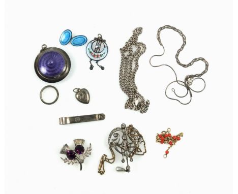 George V Arts &amp; Crafts floral enamelled silver brooch set pearl with 2 ball pendants, by Charles Horner, Chester, 1920, D