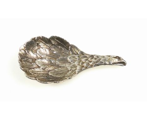 QEII silver caddy spoon cast with a winged bowl and eagle's head handle, a reproduction of the eagle's wing spoon made by Jos