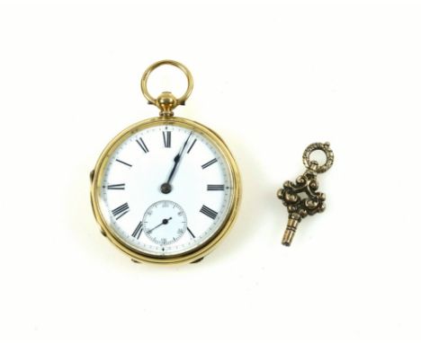 Victorian open face pocket watch with a circular white enamel dial, seconds dial and black Roman numerals enclosing a key-win