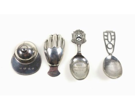 QEII silver caddy spoon in the form of a right hand, by Francis Howard Ltd. Sheffield, 1966, L.7cm; Jockey cap spoon, Worship