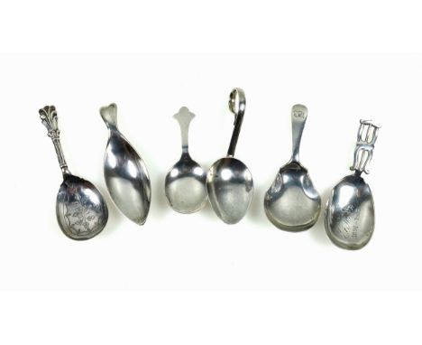 Victorian silver caddy spoon with a floral engraved bowl and fancy handle, by George Unite, Birmingham, 1854, L.9.2cm, and 5 