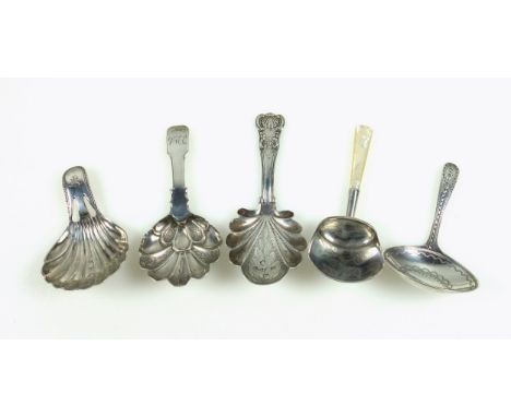 George III silver Old English Pattern caddy spoon with an engraved oval bowl and bright-cut handle with monogram, by two of t