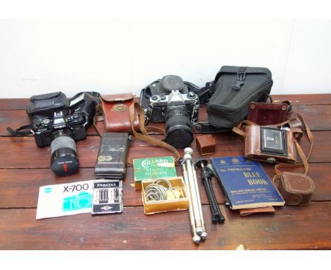 Zeiss Ikonta camera in leather case with accessories, Minolta K-700, Pentax KX, Houghton Butcher, cases and other related acc