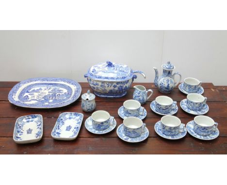 Victorian Staffordshire earthenware Willow Pattern soup tureen with cover, and ladle, W.27.5cm overall; matching meat dish, W