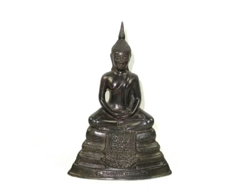 19th Century Thai bronze figure of Buddha, seated in Ardha Padmasana on a stepped throne, his hands in Dhyana Mudra, his face