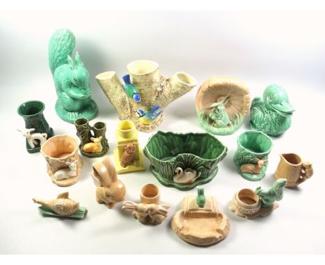 Large Sylvac model of a green squirrel, H.25cm; 3 branch vase with 2 blue tits, (a/f); 6 other vases with woodland creatures,