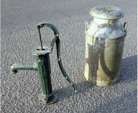 Painted cast iron water pump, marked with a "P" within a hexagon, H.66cm, and a 10 gallon milk churn, the cover inscribed "Th