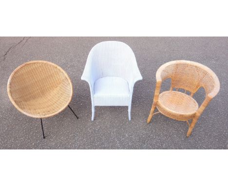 Mid-Century wicker "satellite" chair on 4 ebonised metal splayed legs, H.69cm; rattan tub chair, and a painted Lloyd Loom arm